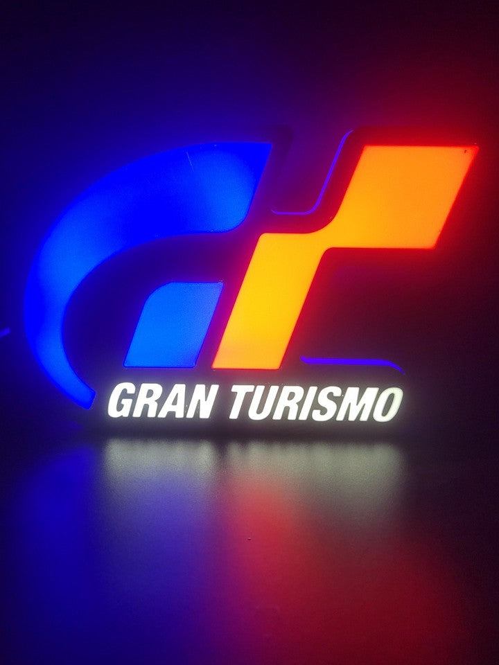 Gran Turismo LED light sign with illuminated logo viewed from straight on