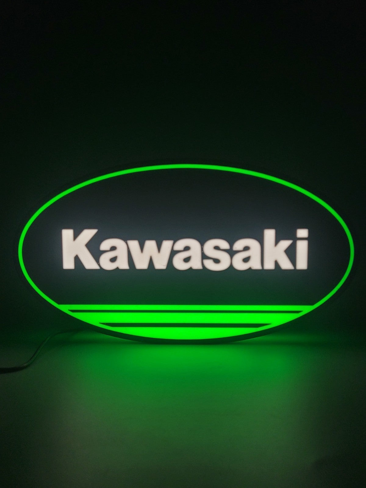 Kawasaki LED light sign with illuminated logo viewed from straight on