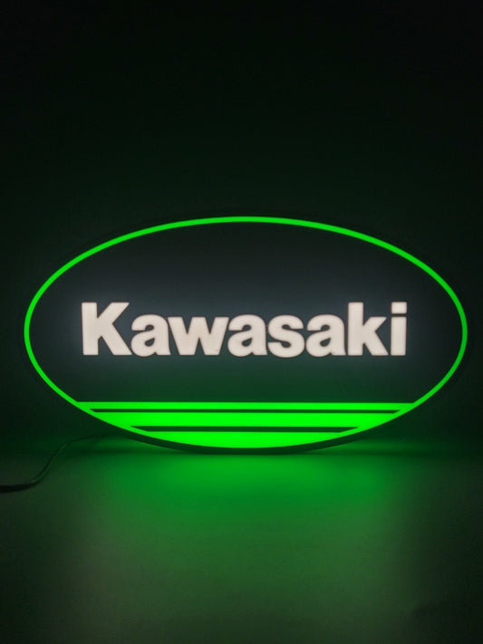Kawasaki LED light sign with illuminated logo viewed from straight on