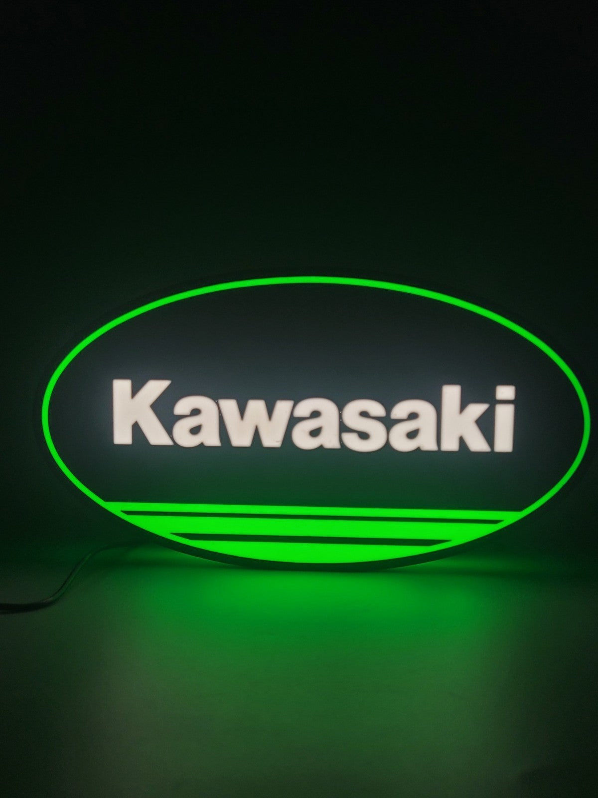 Kawasaki LED light sign with illuminated logo viewed from straight on