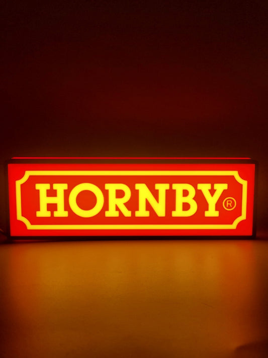 Hornby LED light sign with illuminated logo viewed from straight on