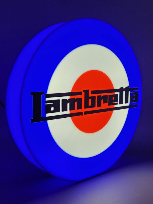 Lambretta LED light sign with illuminated logo viewed from side view