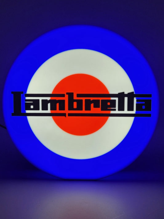 Lambretta LED light sign with illuminated logo viewed from straight on