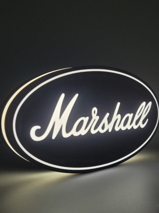 marshall LED light sign with illuminated logo viewed from side view