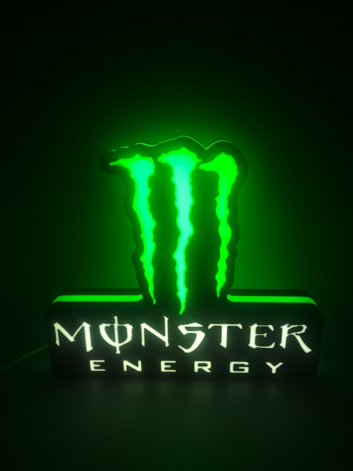MONSTER ENERGY LED light sign with illuminated logo viewed from straight on