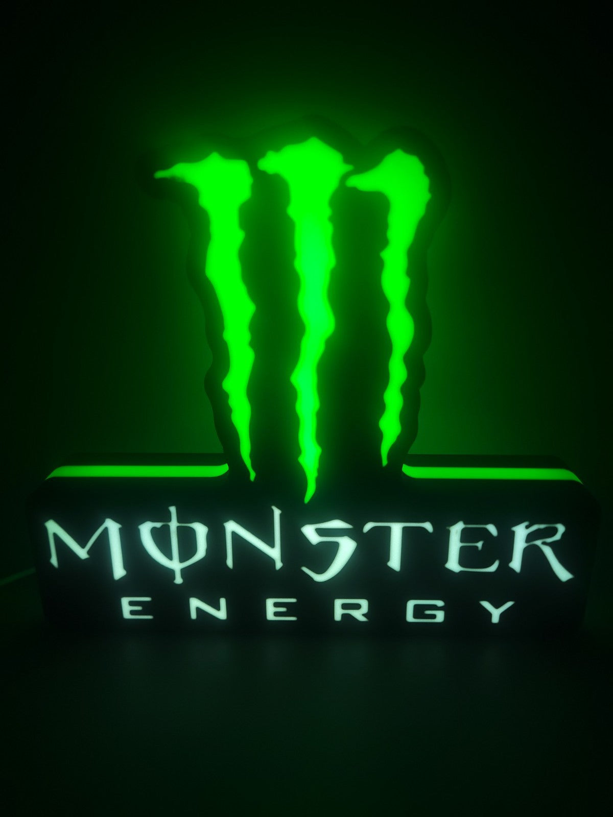 MONSTER ENERGY LED light sign with illuminated logo viewed from straight on
