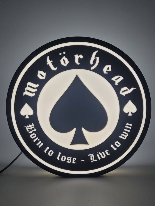 Motorhead LED light sign with illuminated logo viewed from straight on