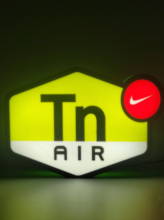 Nike TN LED light sign with illuminated logo viewed from straight on