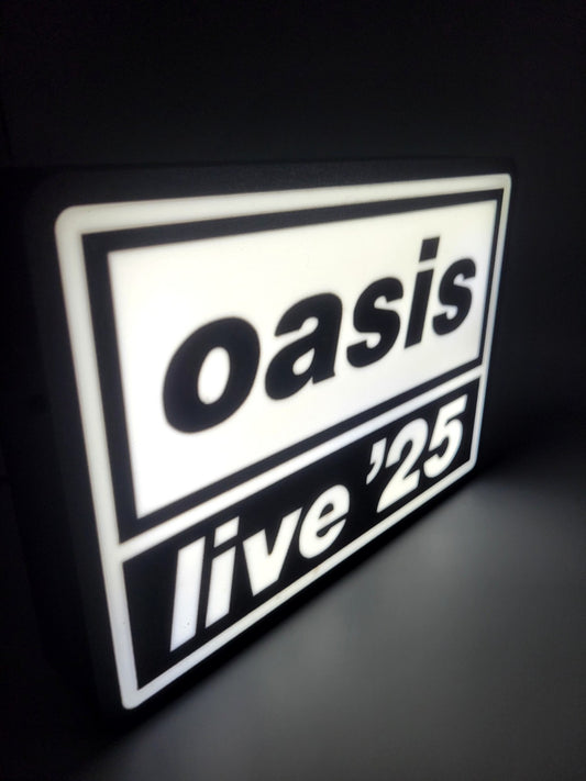 oasis live 25 led light sign with illuminated logo viewed from side view