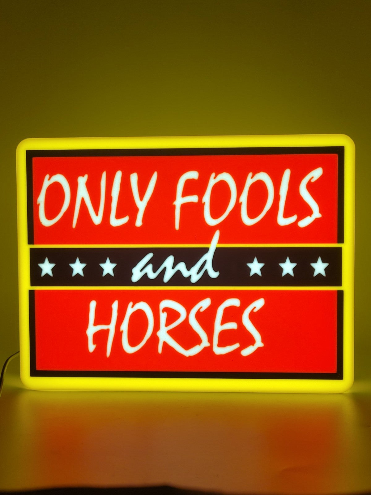 Only Fools And Horses LED light sign with illuminated logo viewed from straight on