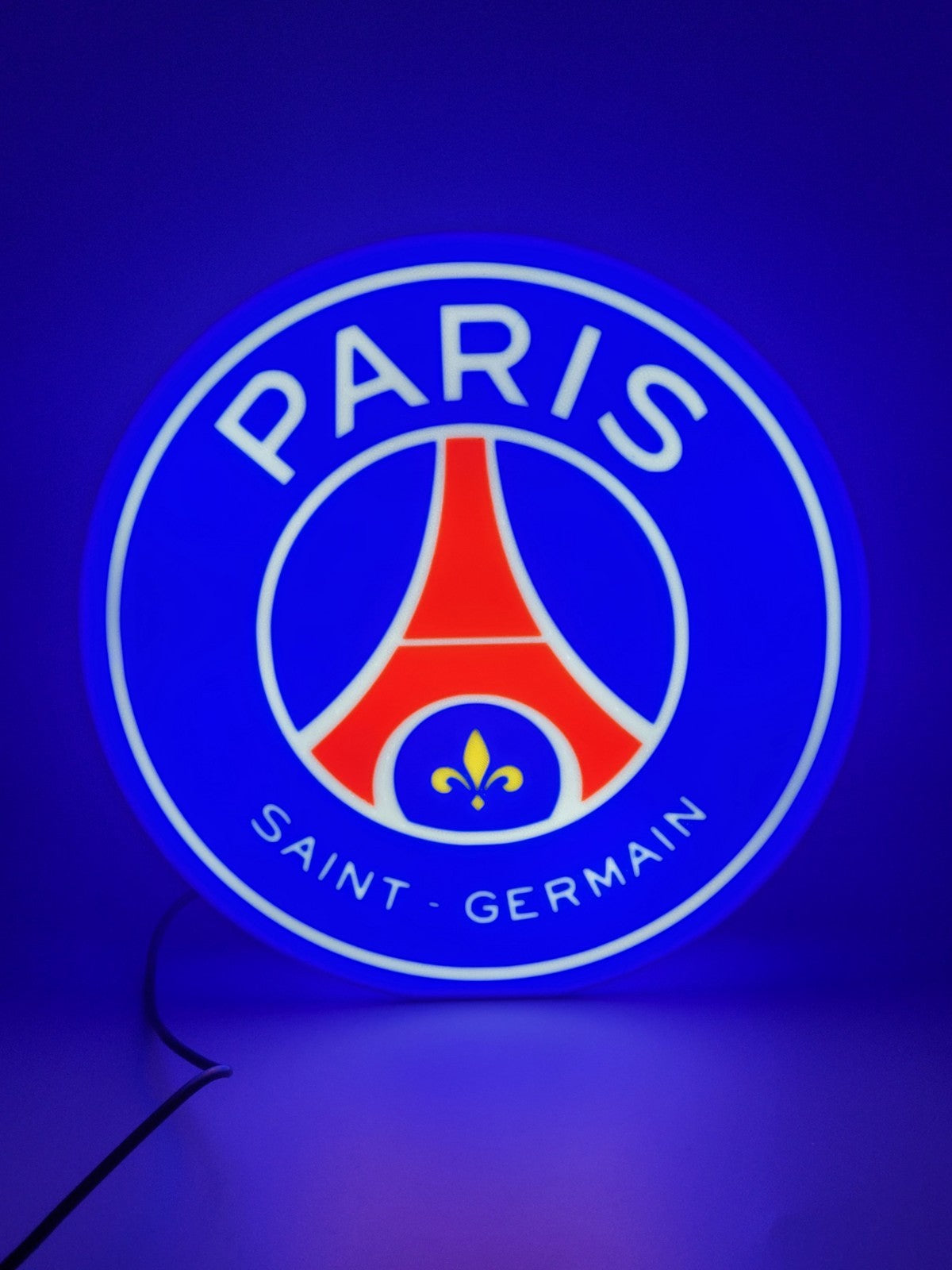 Paris Saint Germain LED light sign with illuminated logo viewed from straight on
