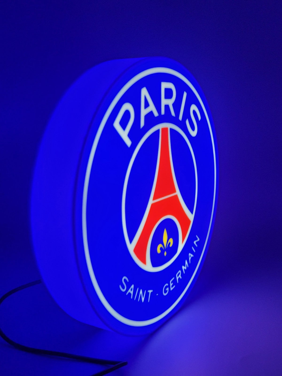 paris LED light sign with illuminated logo viewed from side view