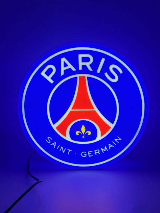 Paris Saint Germain LED light sign with illuminated logo viewed from straight on