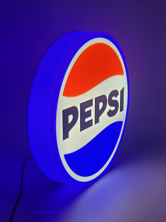 pepsi LED light sign with illuminated logo viewed from side view