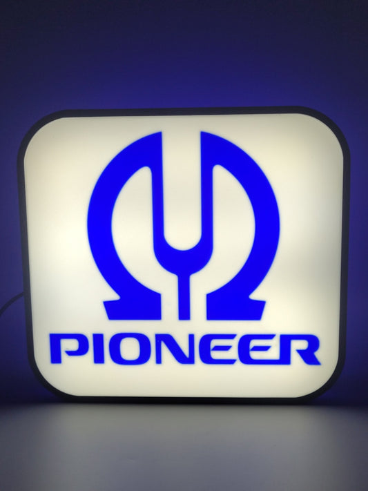 Pioneer LED light sign with illuminated logo viewed from straight on