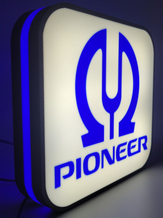 Pioneer LED light sign with illuminated logo viewed from side view