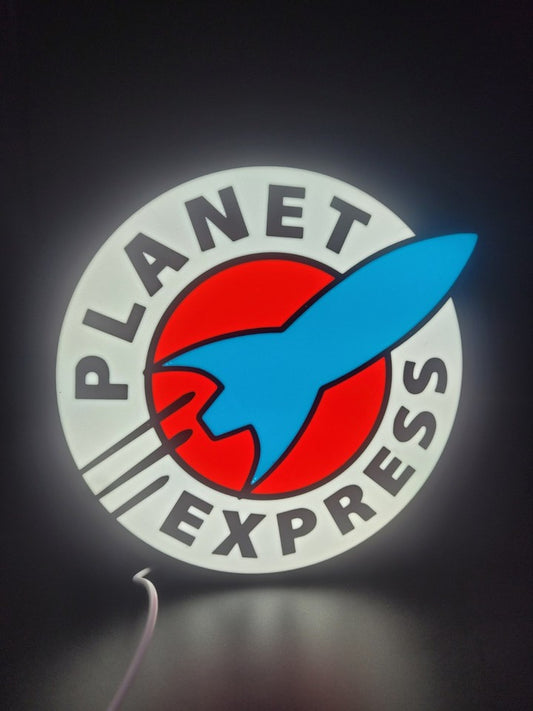 Planet Express LED light sign with illuminated logo viewed from straight on