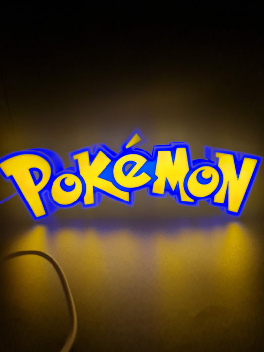 Pokemon LED light sign with illuminated logo viewed from straight on