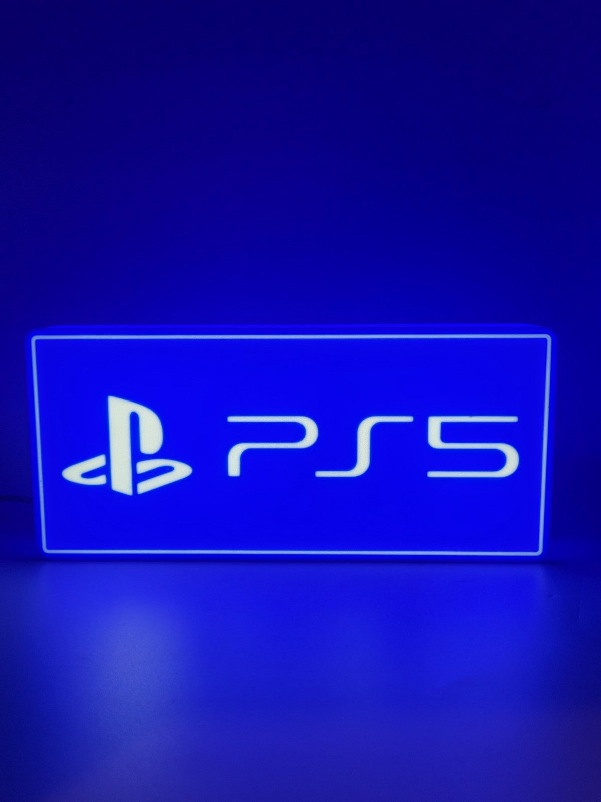 Playstation 5 LED light sign with illuminated logo viewed from straight on