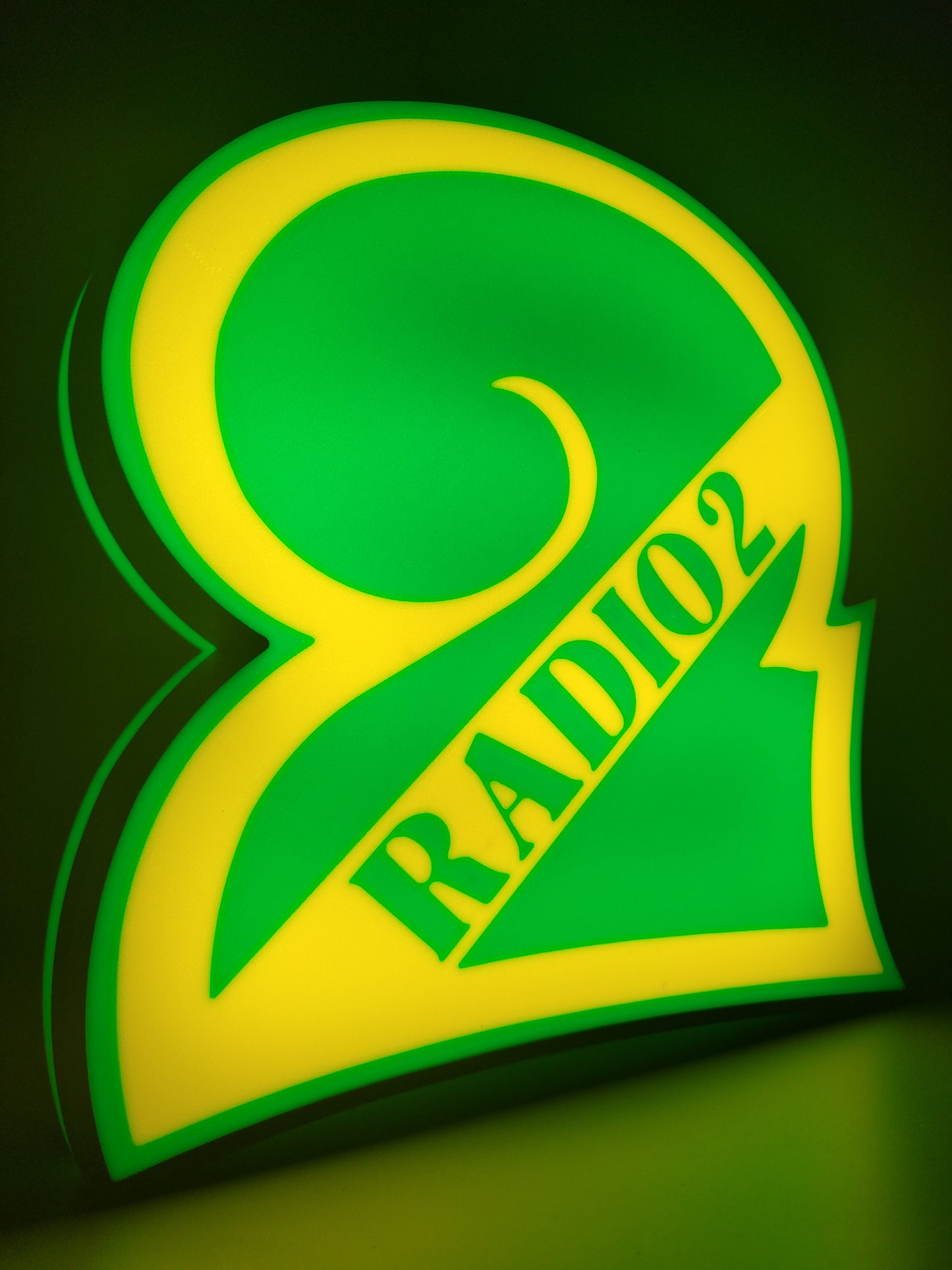 BBC radio 2 led light sign with illuminated logo viewed from side view