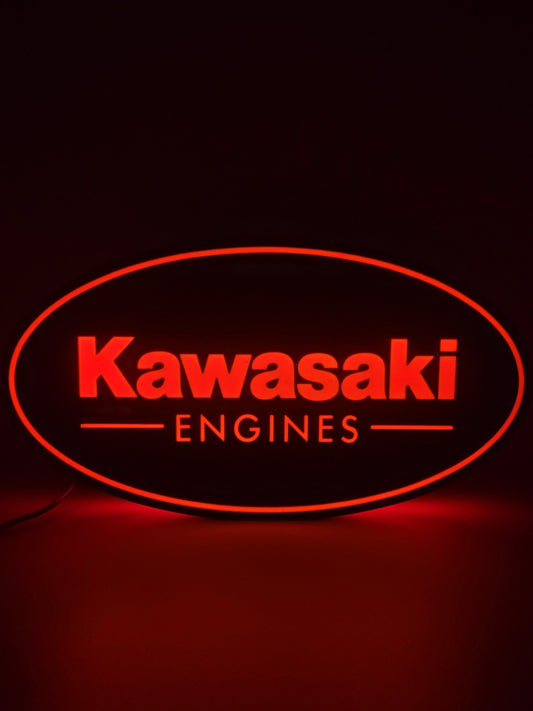Kawasaki LED light sign with illuminated logo viewed from straight on