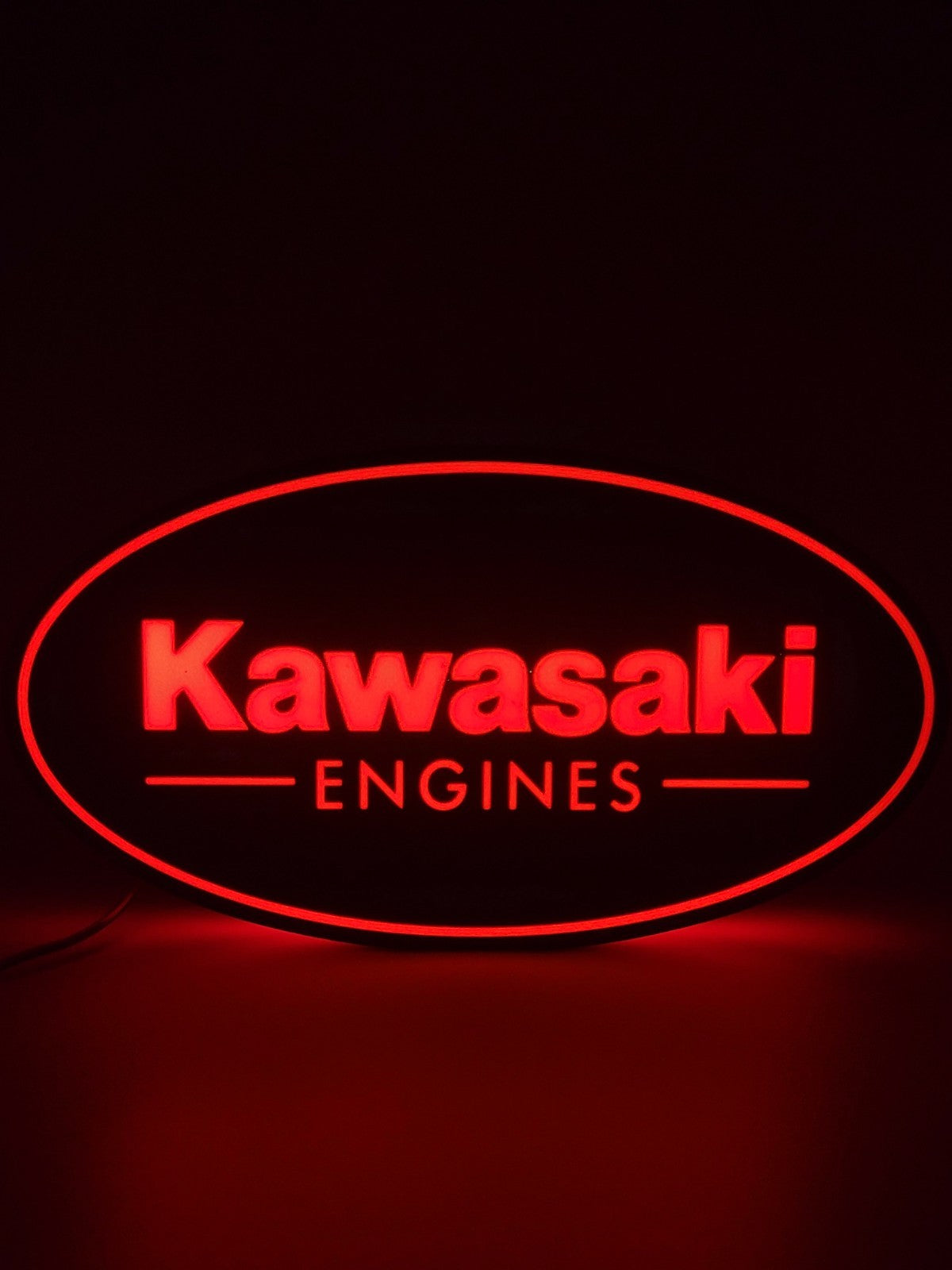 Kawasaki LED light sign with illuminated logo viewed from straight on