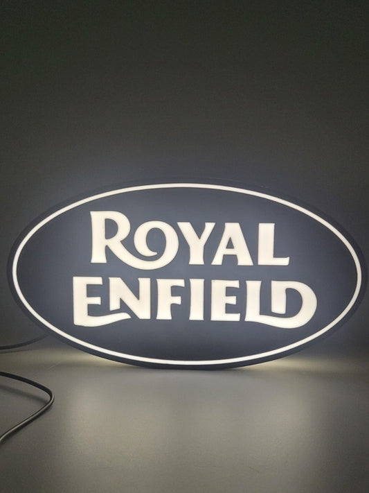 Royal Enfield LED light sign with illuminated logo viewed from straight on
