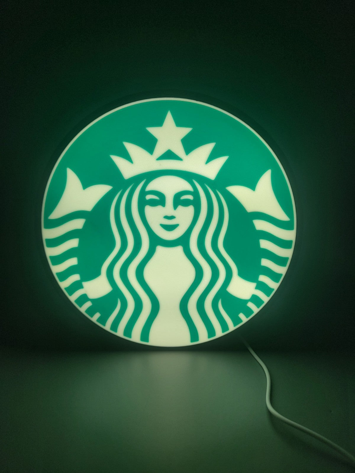 Starbucks LED light sign with illuminated logo viewed from straight on