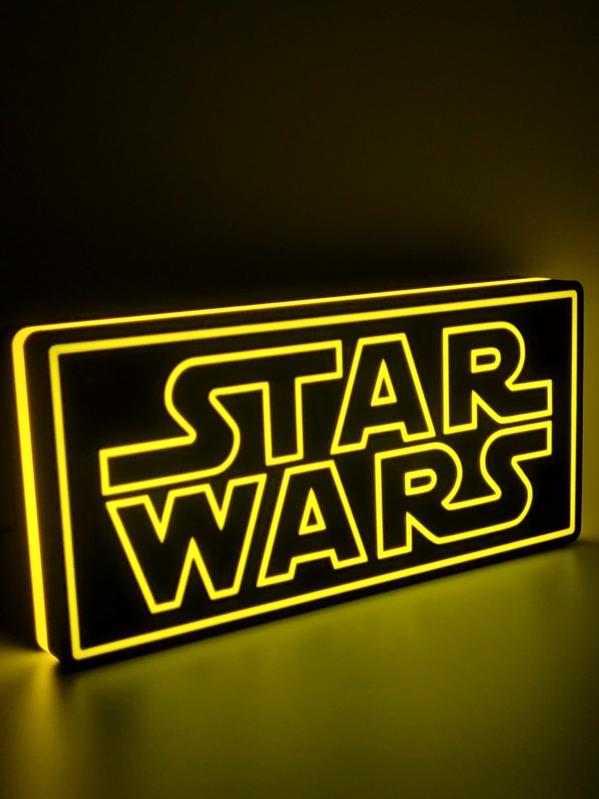 Star wars led light sign with illuminated logo viewed from side view