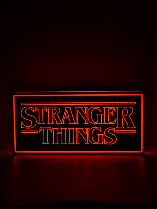 stranger things led light sign with illuminated logo viewed from straight on