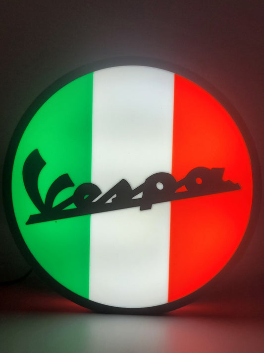 Vespa LED light sign with illuminated logo viewed from straight on