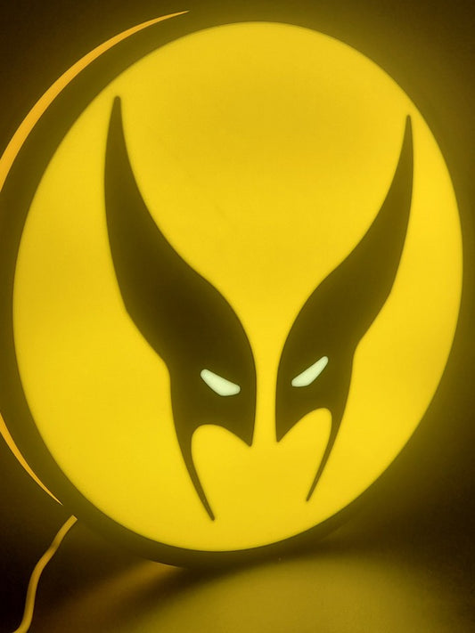 Wolverine LED light sign with illuminated logo viewed from side view