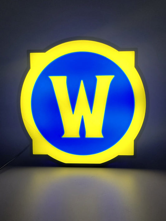 World Of Warcraft LED light sign with illuminated logo viewed from straight on