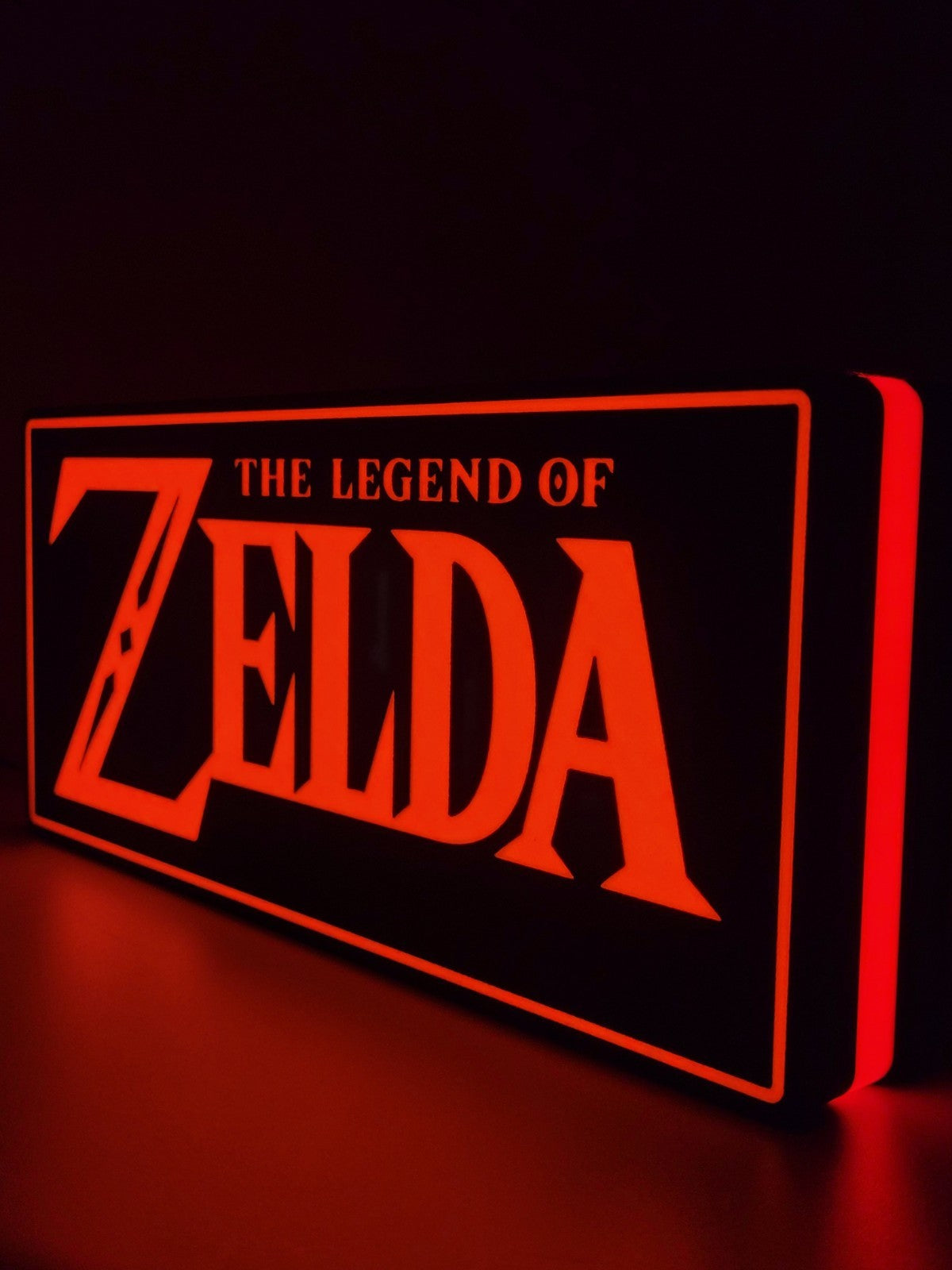 zelda led light sign with illuminated logo viewed from side view