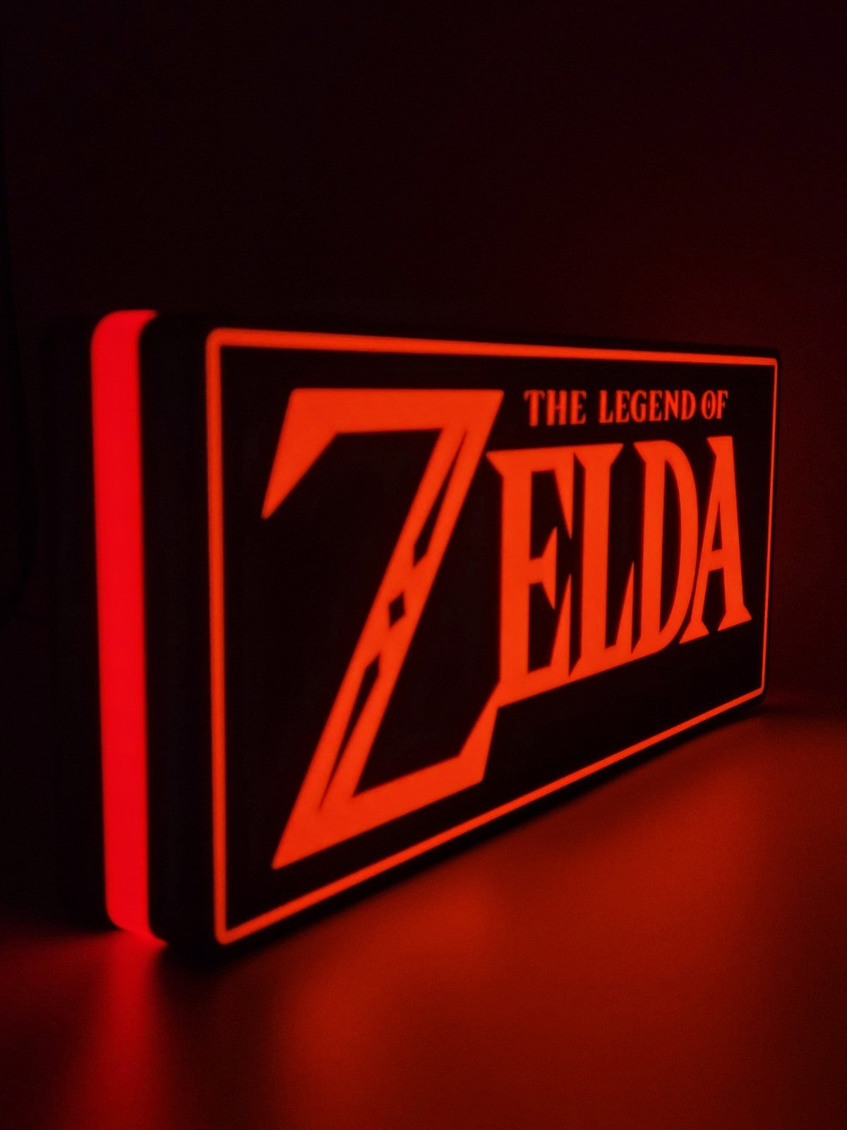 zelda led light sign with illuminated logo viewed from side view