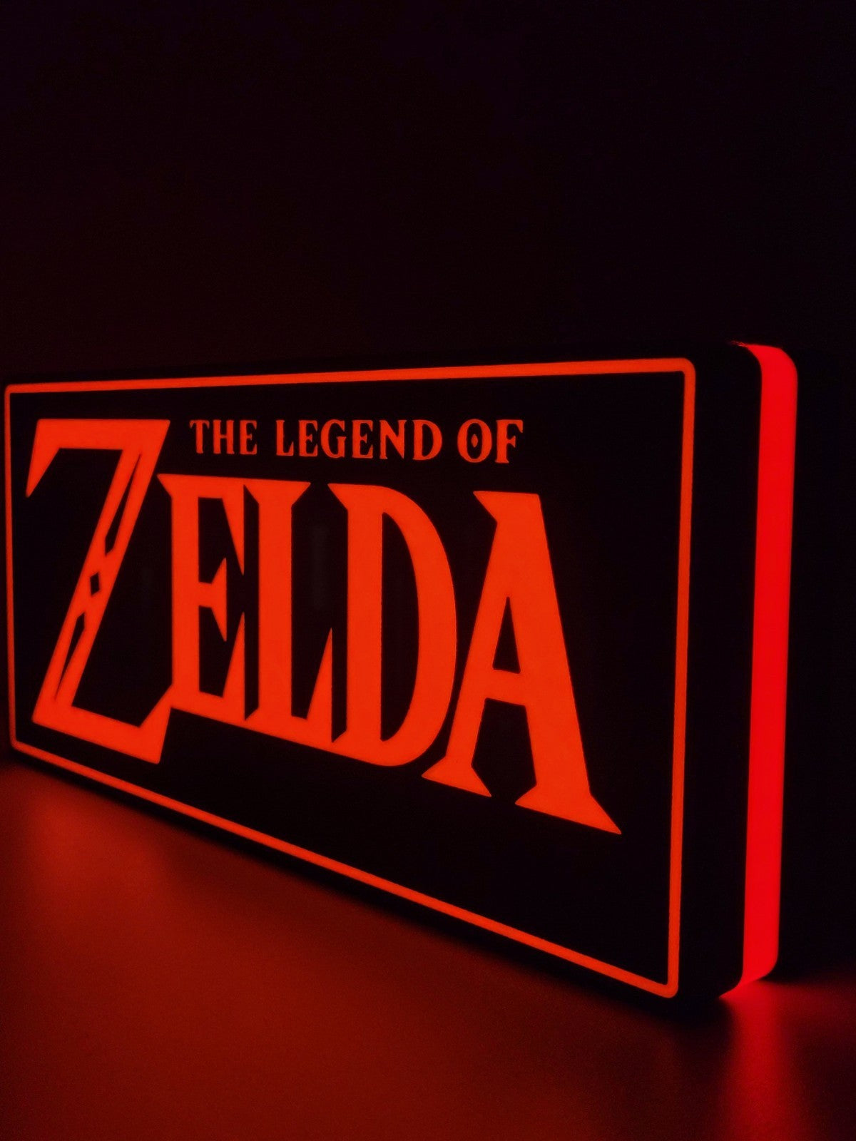 zelda led light sign with illuminated logo viewed from side view