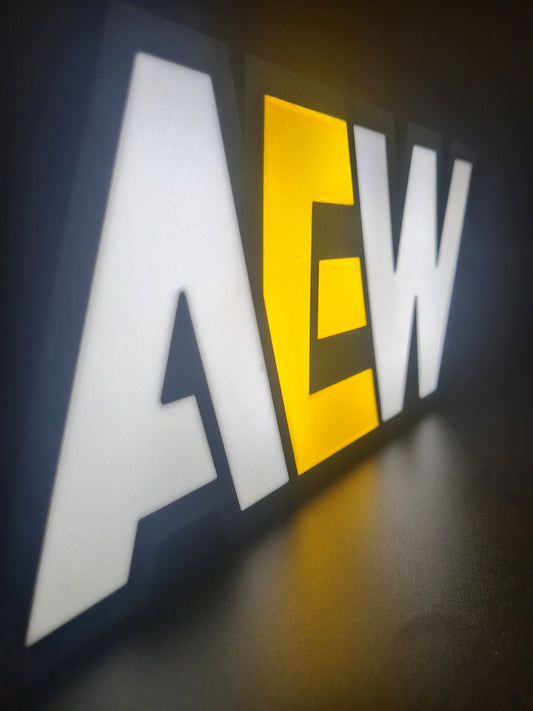 aew led light sign with illuminated logo viewed from side view