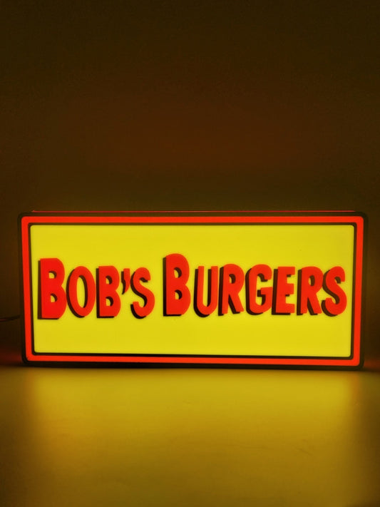 bobs burgers led light sign with illuminated logo viewed from straight on