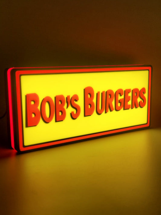 bob's burgers led light sign with illuminated logo viewed from side view