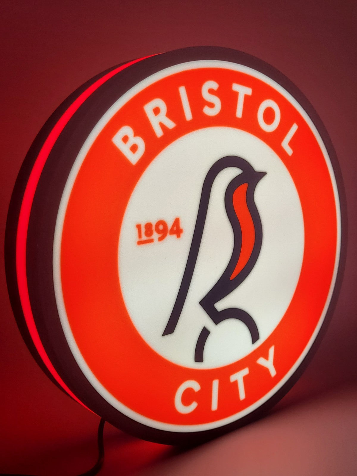 Bristol City F.C. LED light sign with illuminated logo viewed from side view