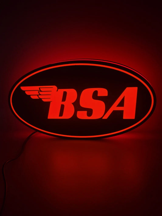 B.S.A led light sign with illuminated logo viewed from straight on