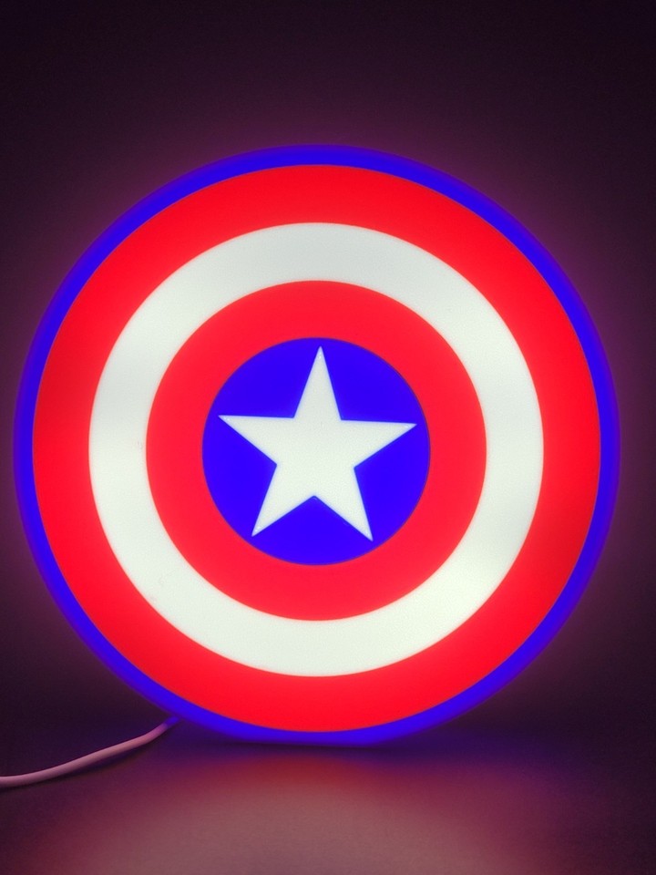 CAPATIN AMERICA LED light sign with illuminated logo viewed from straight on