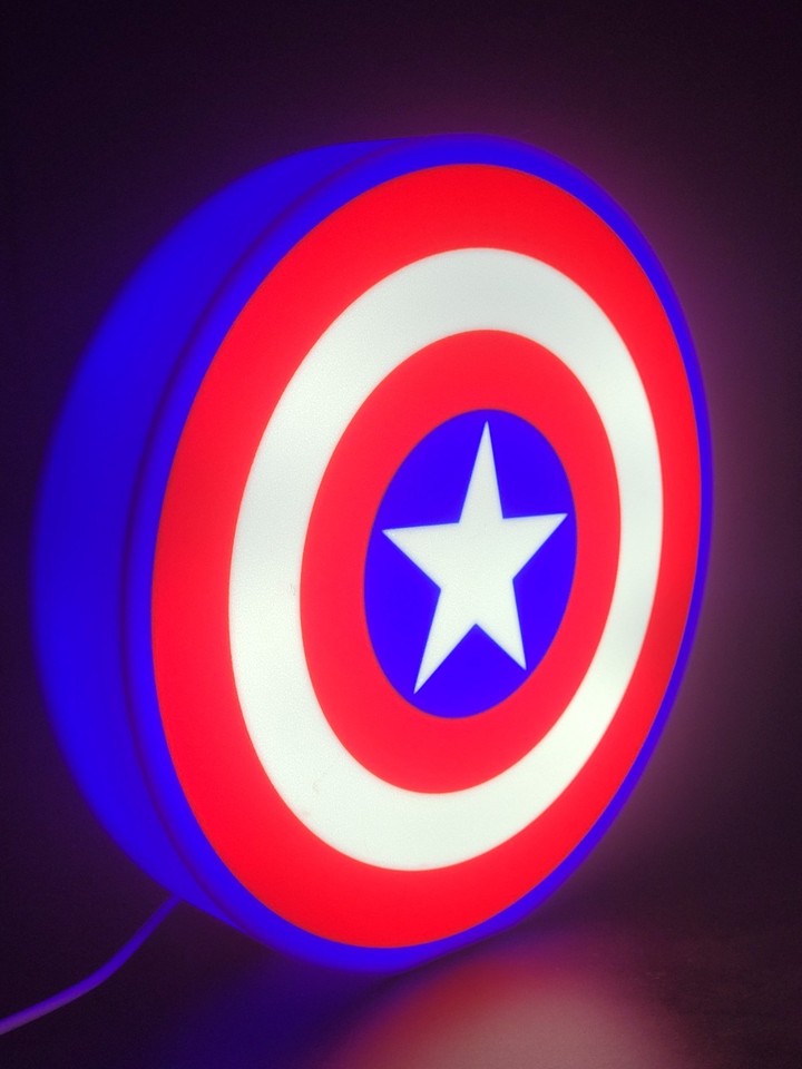 Capatin America LED light sign with illuminated logo viewed from side view