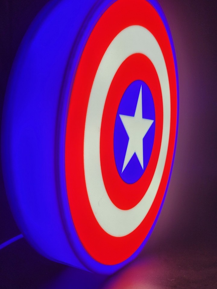Capatin America LED light sign with illuminated logo viewed from side view