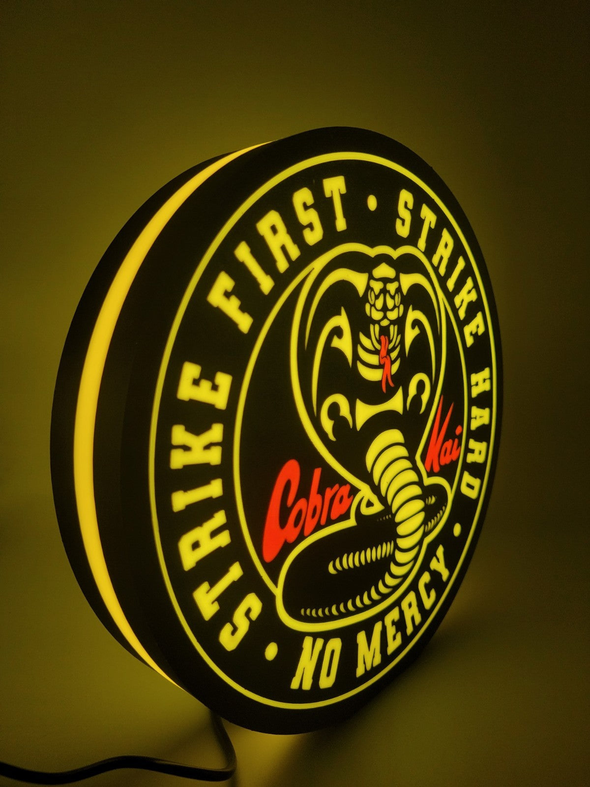 Cobra Kai led light sign with illuminated logo viewed from side view