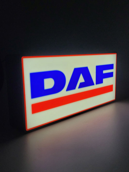 DAF led light sign with illuminated logo viewed from side view