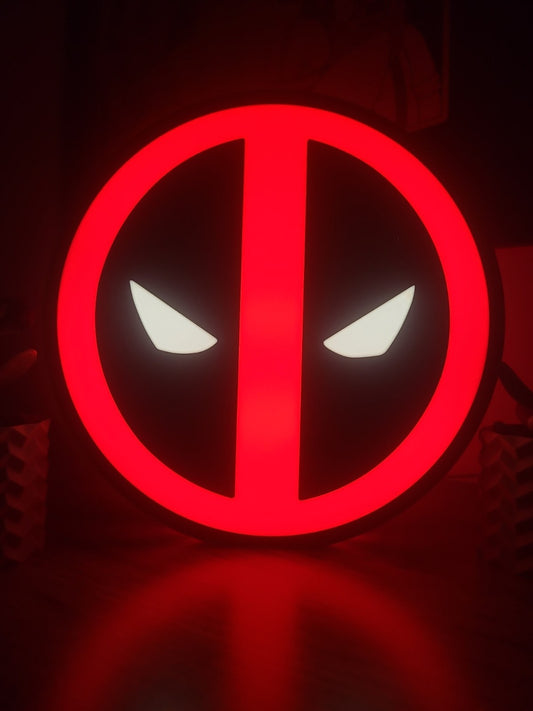 Deadpool LED light sign with illuminated logo viewed from straight on