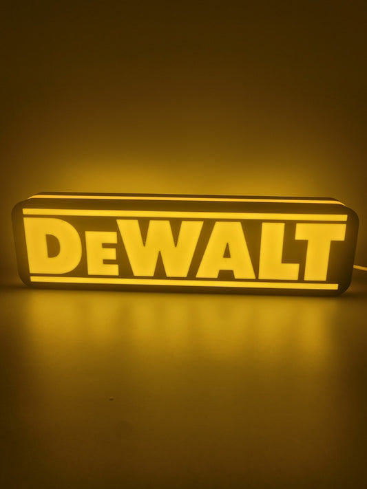 Dewalt LED light sign with illuminated logo viewed from straight on