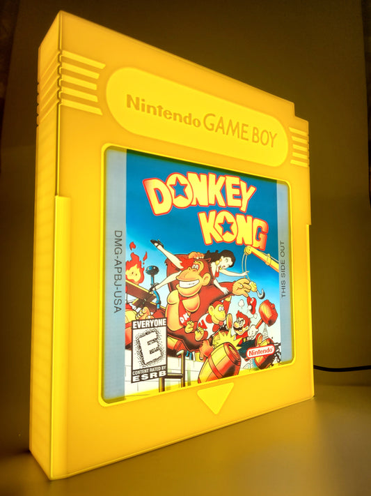 donkey kong gameboy giant cartridge yellow led light sign with illuminated logo viewed from side