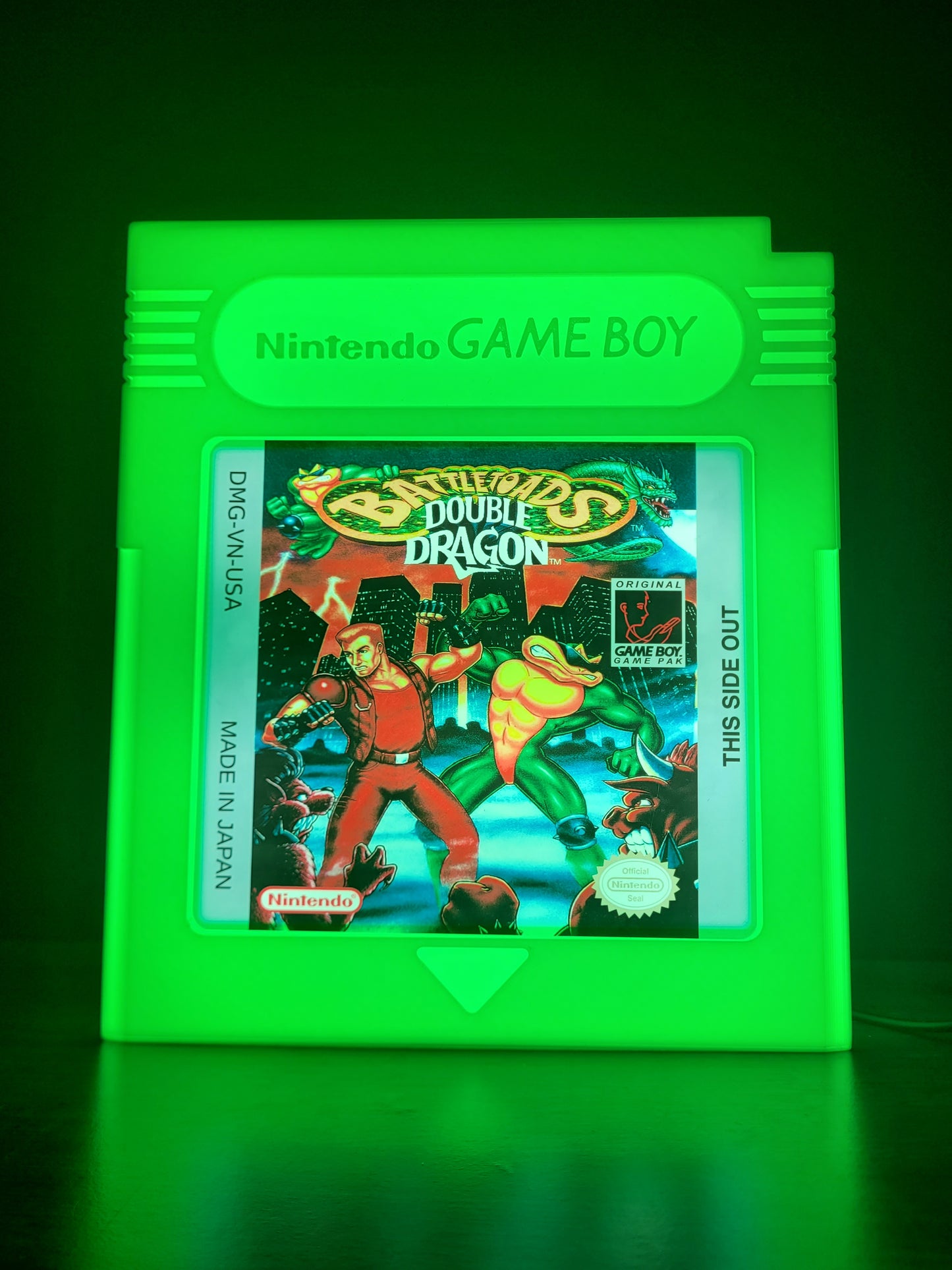 Double Dragon Battletoads GAMEBOY CARTRIDGE LED light sign with illuminated logo viewed from straight on